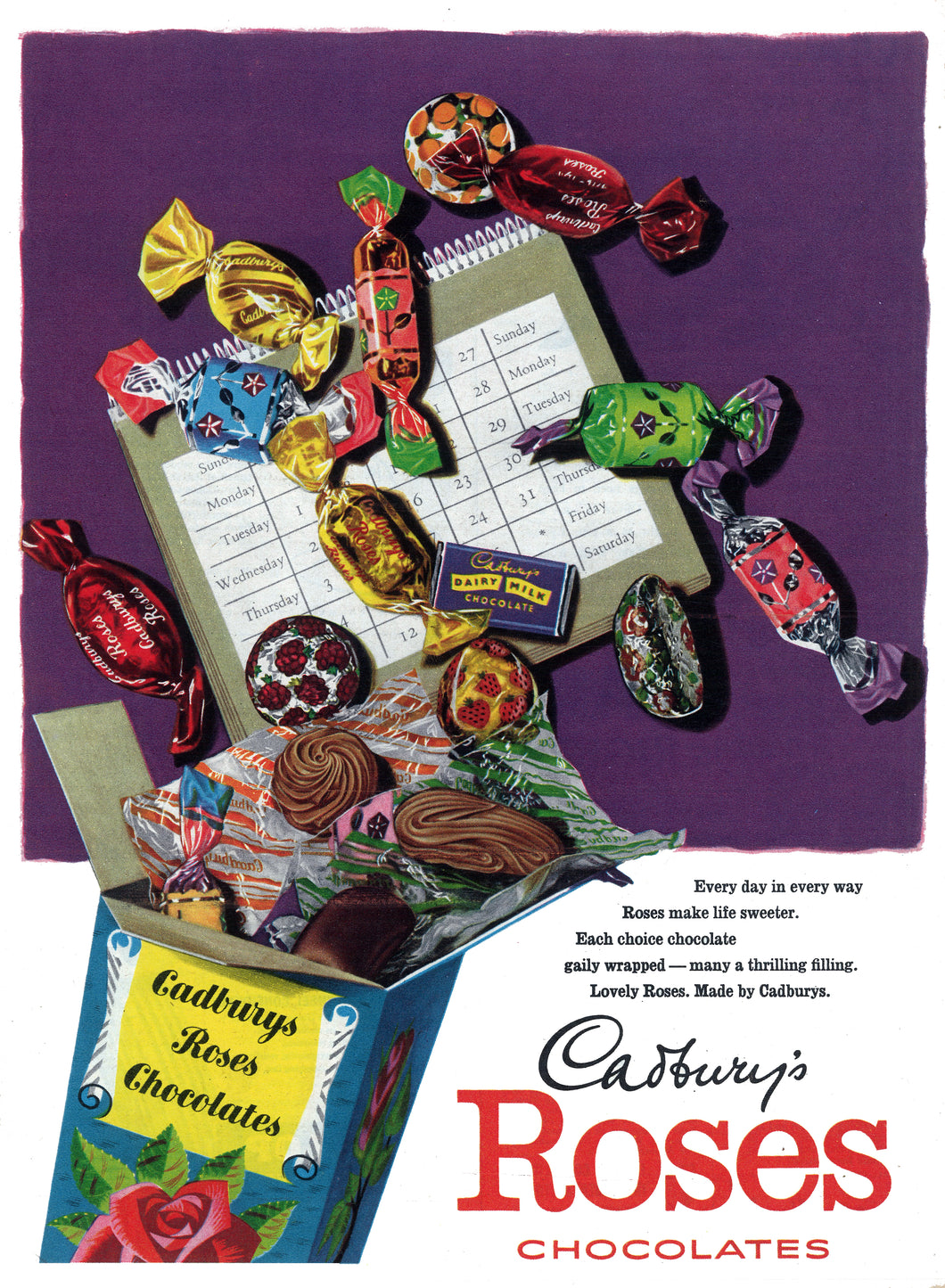 Cadbury Roses In Script Cadburys Roses 1957 Art Print – Vintage Magazine Company