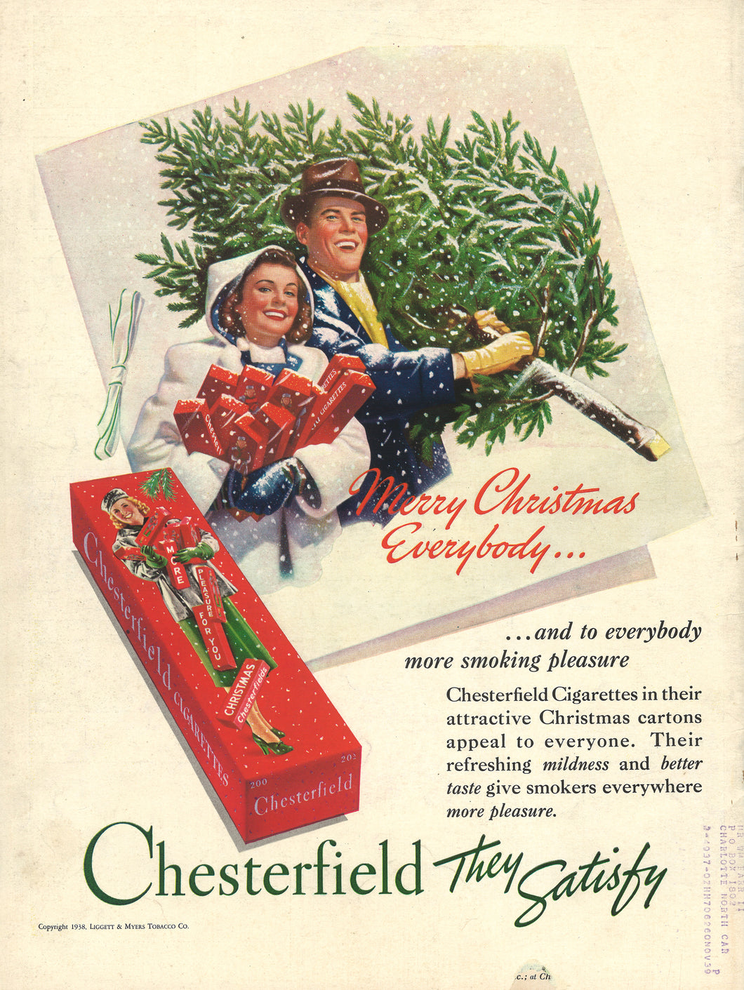 Chesterfield Cigarettes Advert Dec 1938 Art Print