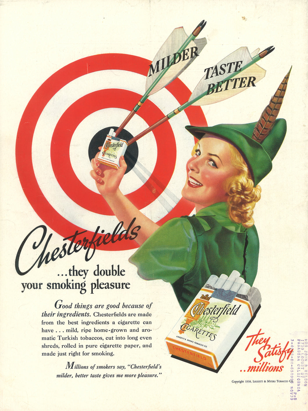 Chesterfields Cigarettes Advert Nov 1938 Art Print