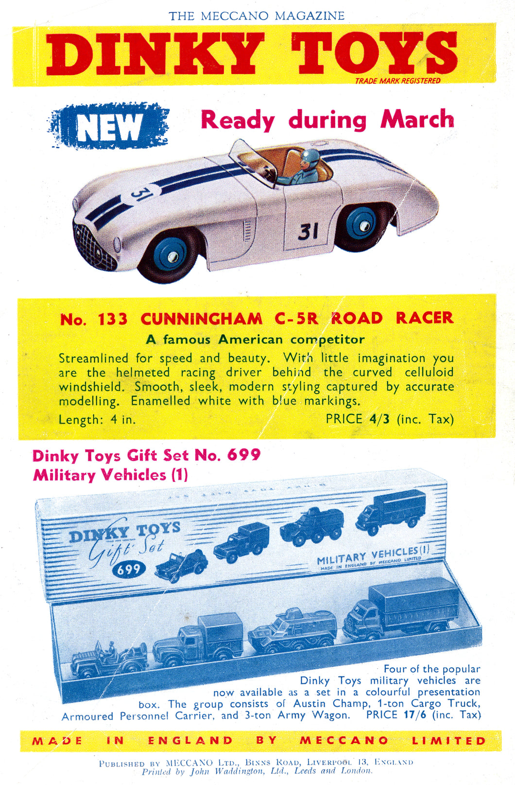 Dinky Toy Racer Dinky Toys Cunningham C-5R Road Racer Advert Art Print – Vintage ...