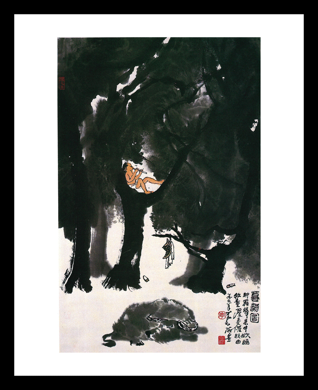Li Keran Boy Playing Flute in Evening Window Mounted Tear sheet